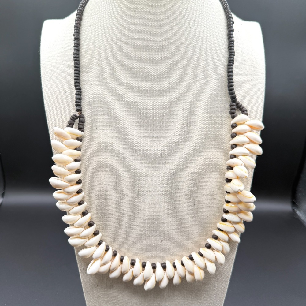 White Cowrie Shell Necklace Brown Disc Beads Boho Coastal Statement Jewelry